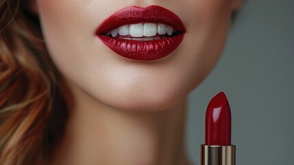 Obraz premium A woman is holding a red lipstick in her mouth