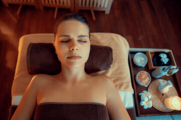 Caucasian woman customer enjoying relaxing anti-stress spa massage and pampering with beauty skin...