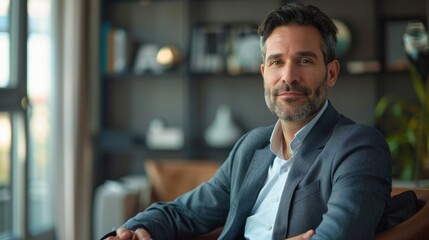 Fototapeta premium A man in a suit is sitting in a chair with a smile on his face