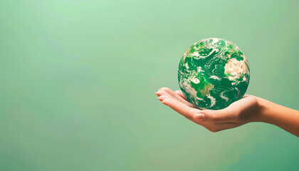 A hand holding a globe in a green field. Concept of the importance of taking care of the planet and the need to be mindful of our actions