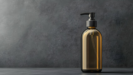 Elegant amber glass bottle with a pump, perfect for showcasing lotion, serum, or liquid soap against a minimalist background.