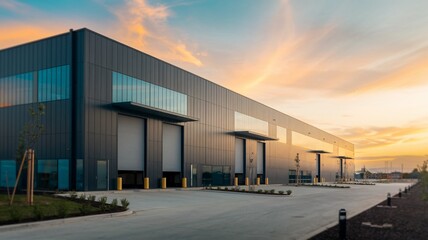 Obraz premium Modern Industrial Warehouse at Sunset 