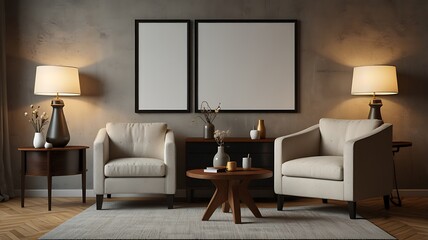 Living room decor template with poster, armchair, table, lamp, vase, and accessories.