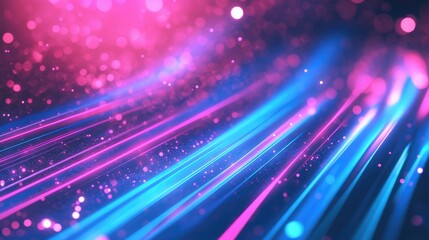 Fototapeta premium abstract background with pink blue glowing neon lines and bokeh lights. Data transfer concept 