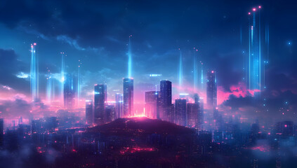 Futuristic skyline with vibrant colors and glowing towers, showcasing a stunning neon-lit cityscape at night.