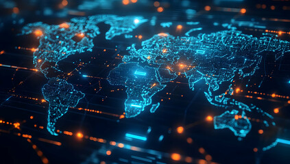Obraz premium High-tech digital world map with glowing connections and data points, ideal for visualizing global networks and technology concepts.