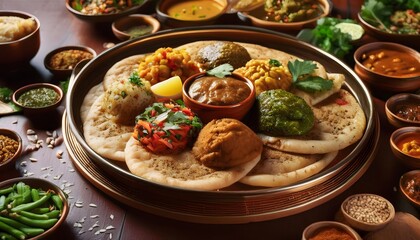 A beautifully plated traditional Ethiopian injera with assorted stews (wot), served on a large communal platter.