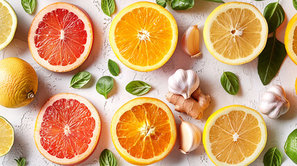 Obraz premium Vibrant citrus fruits arranged with fresh herbs and garlic on a textured surface