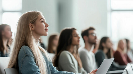 Obraz premium Young woman engaged in listening to a lecture while sitting among peers in a bright, modern classroom setting during a daytime session