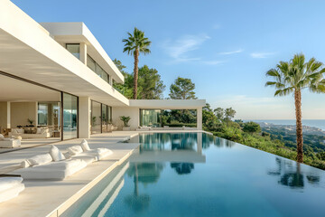 Stunning modern villa with an infinity pool, palm trees, and breathtaking ocean views, perfect for luxury living and relaxation.