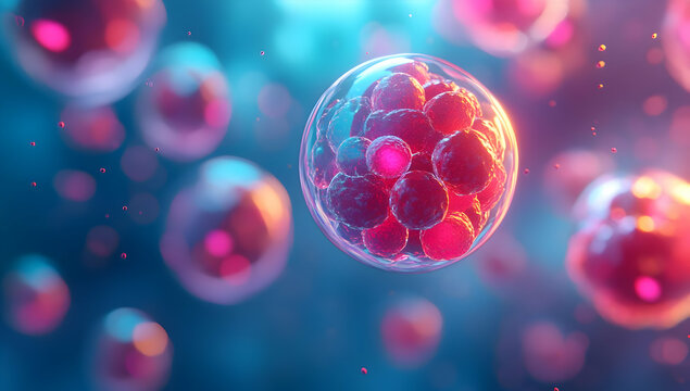 Vibrant microscopic view of cells showcasing intricate structures and colors, ideal for scientific or educational purposes.