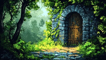 Fototapeta premium Stone Archway Entrance to a Lush Forest