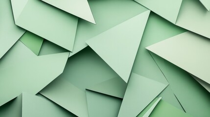 Obraz premium Flat Paper Cut Overlapping Angular Geometric Shapes with Soft Shadows in Soft Shades of Light Green Generative AI