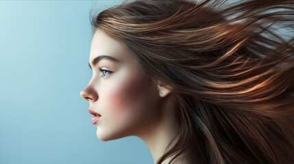 A woman with long brown hair blowing in the wind