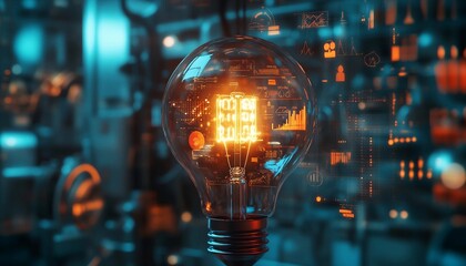 Conceptual Glow: Light Bulb Overhead View with Ideas, Render an overhead 3D view of a light bulb