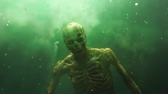 Undead zombie with skeletal, eerie green mist, haunting horror scene suitable for Halloween