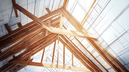 Wooden Beams and Blueprint Overlay for Construction