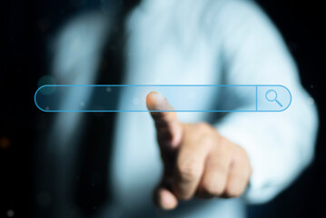 Person touching search bar on virtual screen. Search bar internet data browser. SEO search engine...