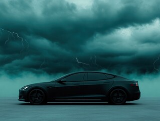 Fototapeta premium A sleek, minimalistic EV car amidst an electric storm, digital networks visible across the sky, blending technology and nature