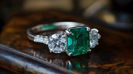 A breathtaking emerald and diamond ring set in a magnificent platinum band showcasing the exquisite craftsmanship and lavish opulence of this premium high end piece of jewelry