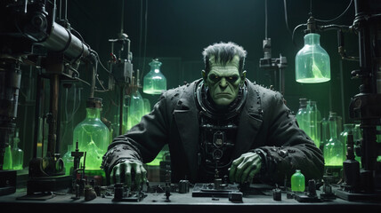 Frankenstein's monster, with his iconic square head, bolts in his neck, and stitched skin, stands in a dimly lit, gothic laboratory filled with strange scientific equipment. 