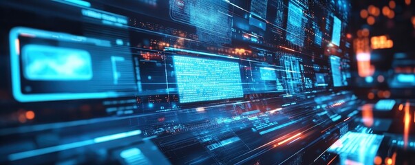 Obraz premium Futuristic technology interface with glowing data screens, representing digital communication, data transfer, and virtual networks.