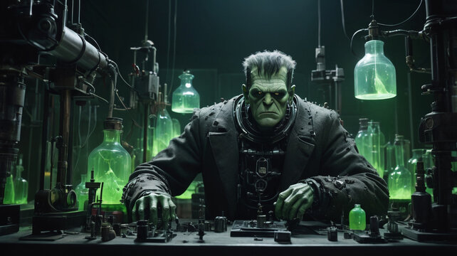 Frankenstein's monster, with his iconic square head, bolts in his neck, and stitched skin, stands in a dimly lit, gothic laboratory filled with strange scientific equipment. 