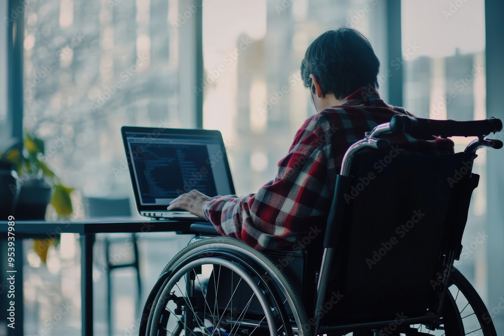 Poster software developer working on code in a modern office while sitting in a wheelchair