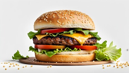 A large hamburger with lettuce, tomato, and cheese on a wooden board