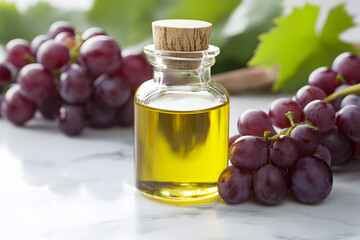 Artistic Display of Cold-Pressed Grapeseed Oil with Fresh Grapes