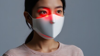 A woman is wearing a high-tech face mask with red illumination around the eye area