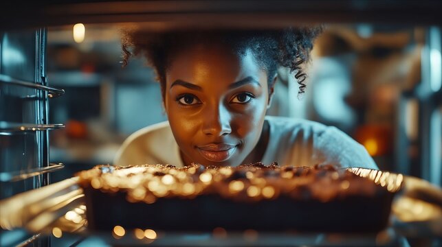 A woman looking at a pie in an oven - Powered by Adobe