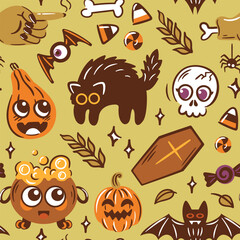 Adorable and Extremely Cute HalloweenThemed Patterns Featuring Numerous Cartoon Characters Galore. Coffin, pumpkin, cat, skull, eyes bat. Seamless pattern for wallpaper, wrapping, background.