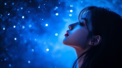 A woman with her eyes closed looking up at the sky