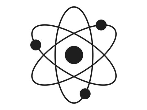 recommend clip art: Black silhouette of an atom with orbiting electrons isolated on a white background. Concept of science, physics, atomic structure, minimalism. Icon, symbol, design element.