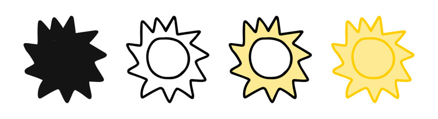 Set of funny sun icons featuring colored illustrations, black silhouette, and black outline versions. Isolated on white background. Concept of weather, summer, solar symbol, sunshine. Design elements.