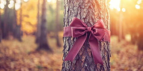Obraz premium A tree in the woods with a festive bow on the trunk. Concept of natural wealth