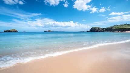 Obraz premium A beautiful and peaceful view of the beach with soft water waves and sunset