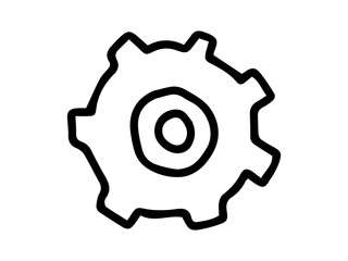 Hand-drawn black outline drawing of gear, isolated on white background. Concept of mechanics, engineering, machinery, technology, process optimization, industrial design. Icon, print, design element.