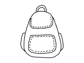 Outline of backpack with front and side pockets isolated on white background. Design element for travel, school, minimalist style, monochrome illustration. Coloring page.