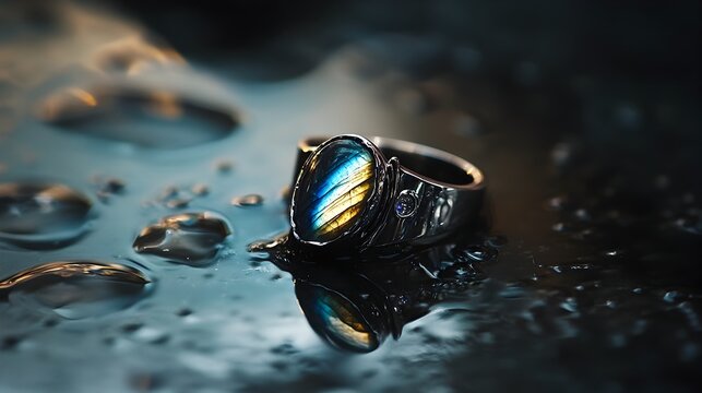 A stylish crystal ring featuring a captivating labradorite stone set in a modern silver band that showcases the stone s unique play of colors and luminous shine on a reflective surface