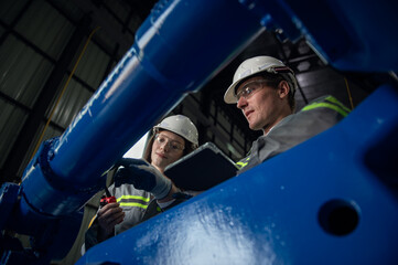 Engineer standing by robotic arm and operating machine in industry factory, technician worker check for repair maintenance electronic operation