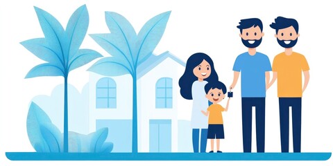 An energetic young couple with a dog and child receives the keys to a new home from a male realtor.