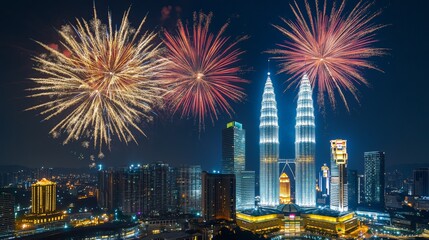 Fireworks bursting in the night sky over the KLCC 