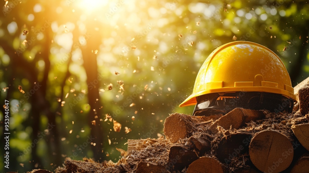 Wall mural safety helmet perched on a pile of lumber