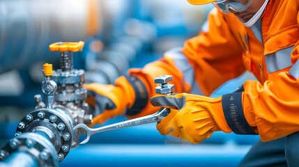 A maintenance crew member using a wrench to tighten a pipe connection