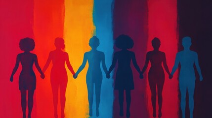 Futuristic artwork of diverse individuals holding hands, glowing with the light of unity and awareness in a woke society