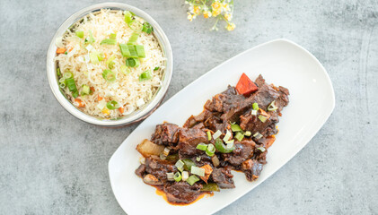 Delicious beef stir-fry with red and yellow bell peppers
