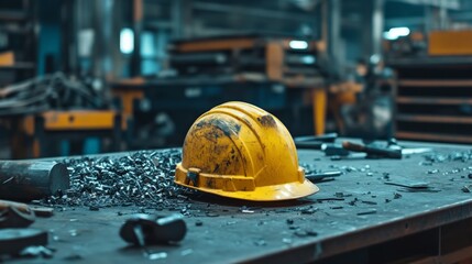 Yellow safety helmet on a workbench with metal dusk.