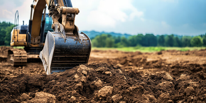 Close-up of crawler excavator detail digging soil at construction site, background with earth moving machine, excavation vehicle